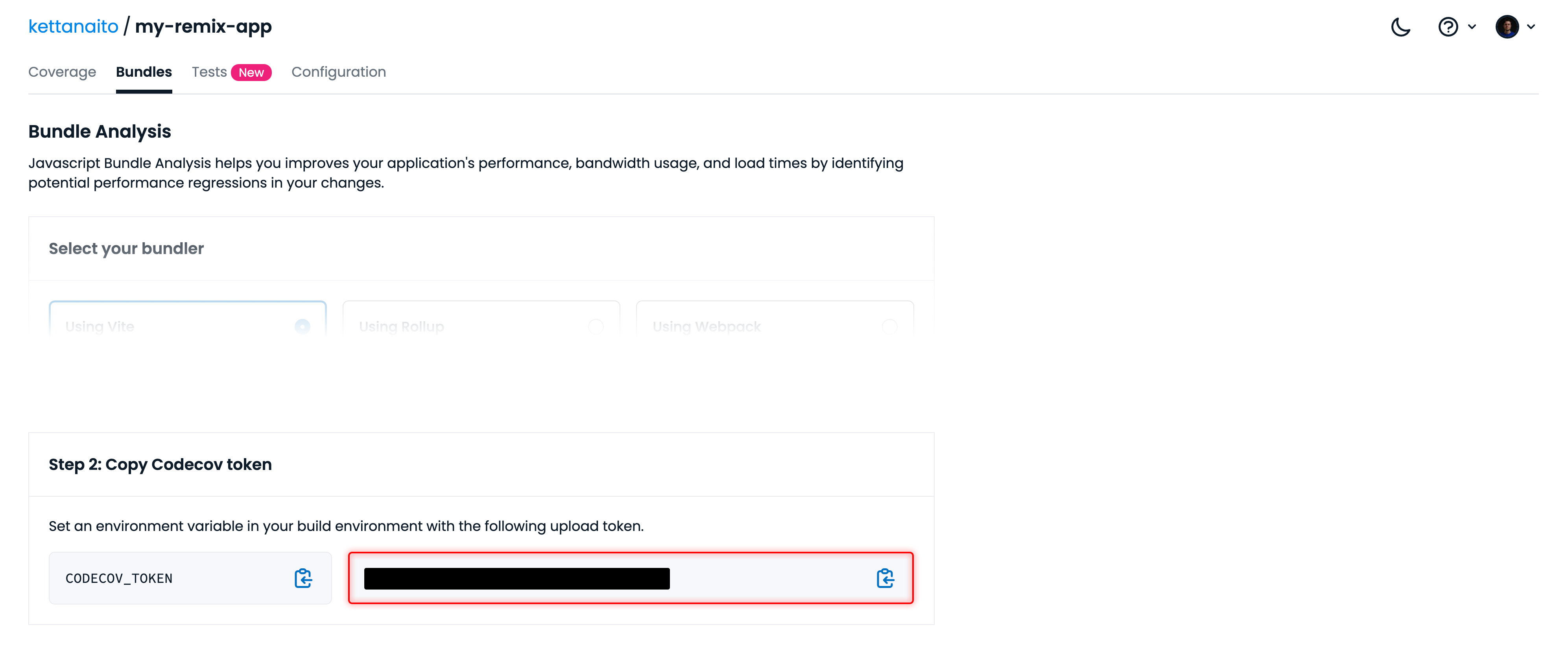 A screenshot of the Codecov Dashboard showcasing the "Copy Codecov section" where you can get the upload token from