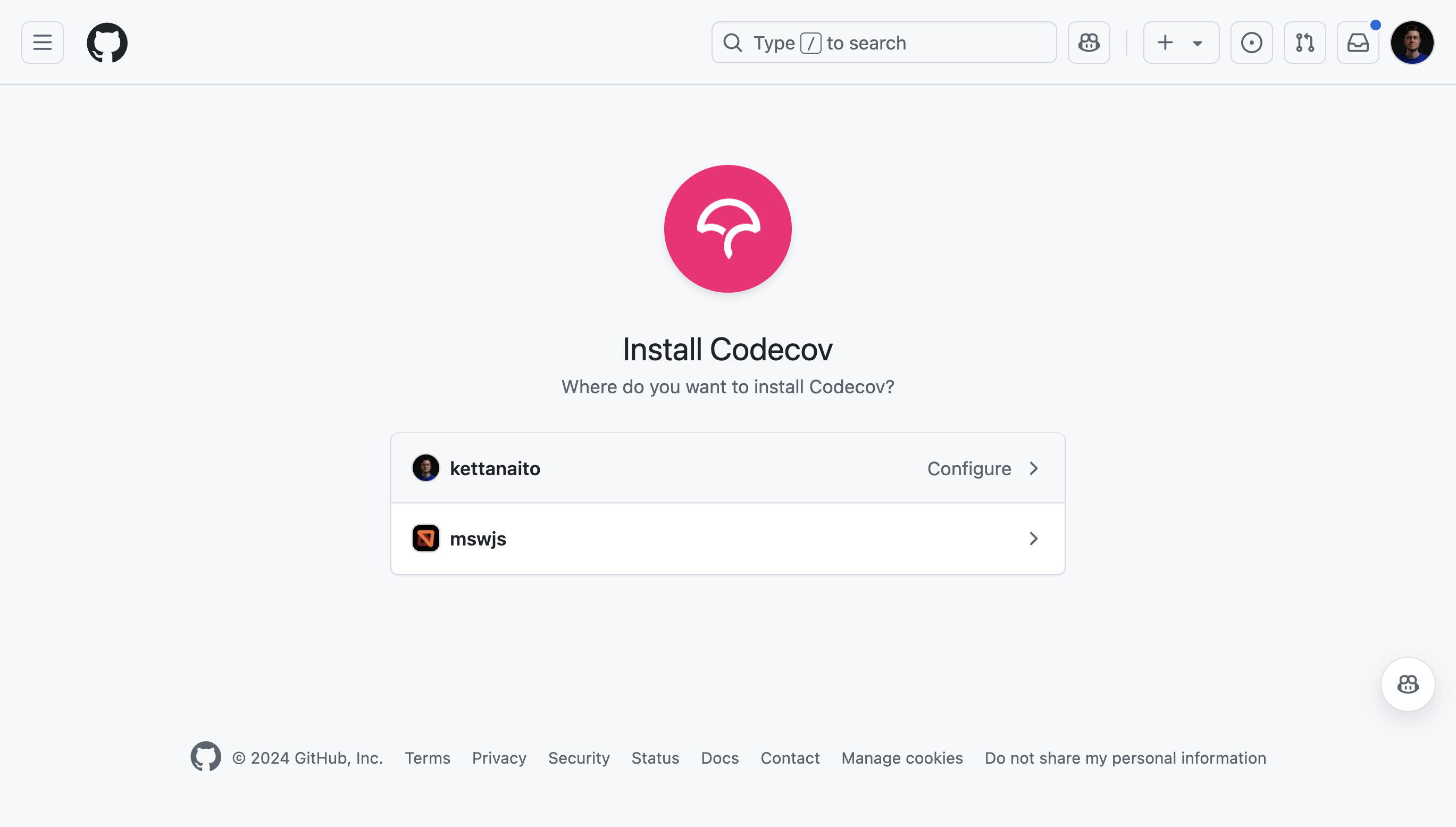 A screenshot of GitHub App installation with the Codecov app open